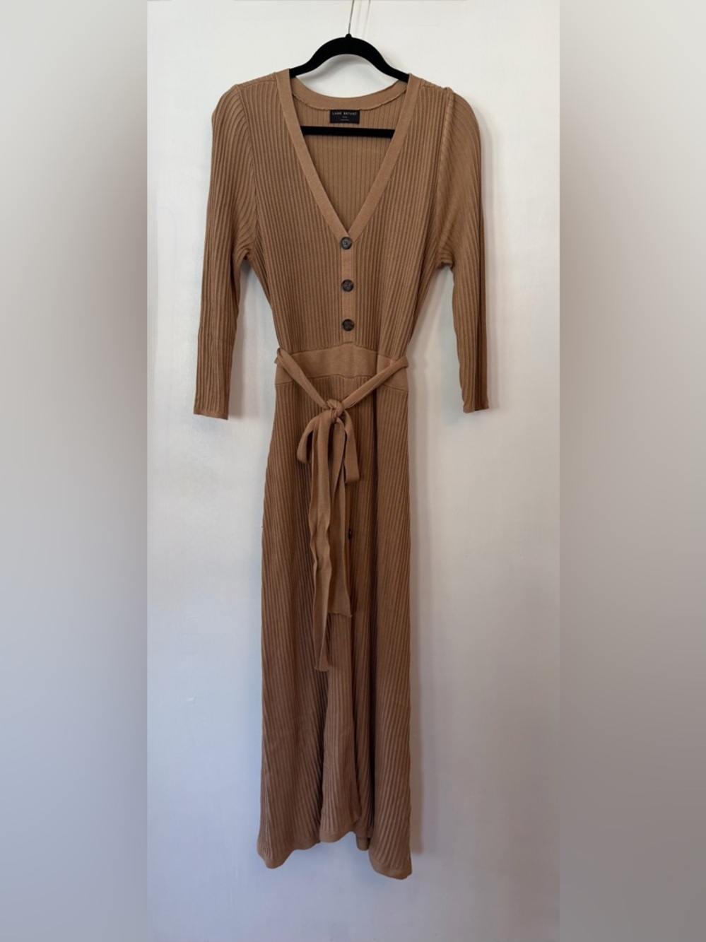 Lane Bryant Camel Ribbed Button-Front Tie-Waist Maxi Dress